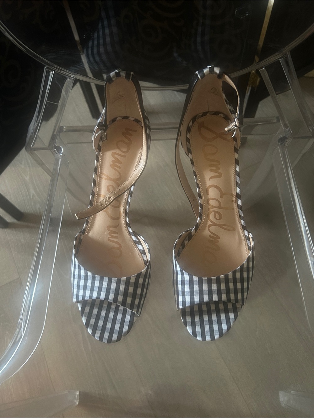 Sam Edelman Black & White Gingham Ankle-Strap Heels